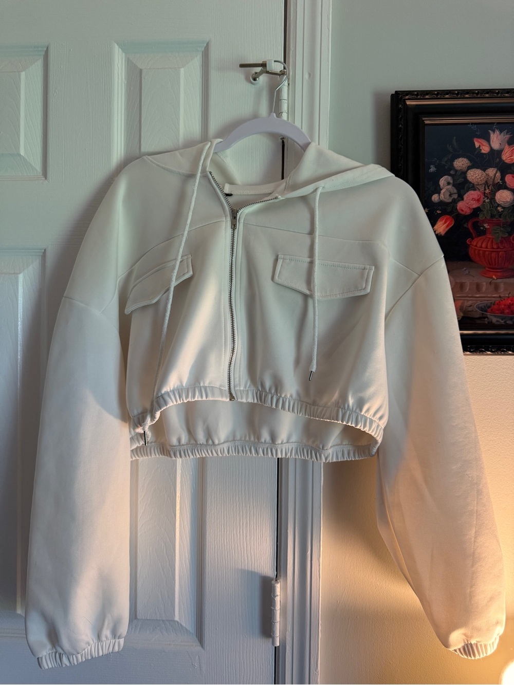 SHEIN Cream Cropped Hooded Zip Bomber Jacket